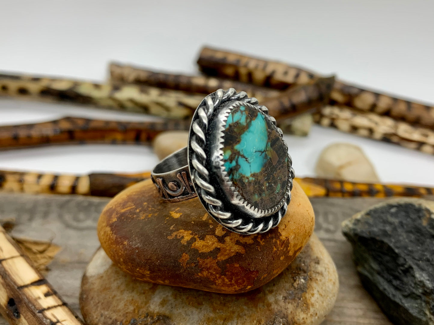 Sterling Silver Copper Hubei Turquoise Adjustable Ring (B)