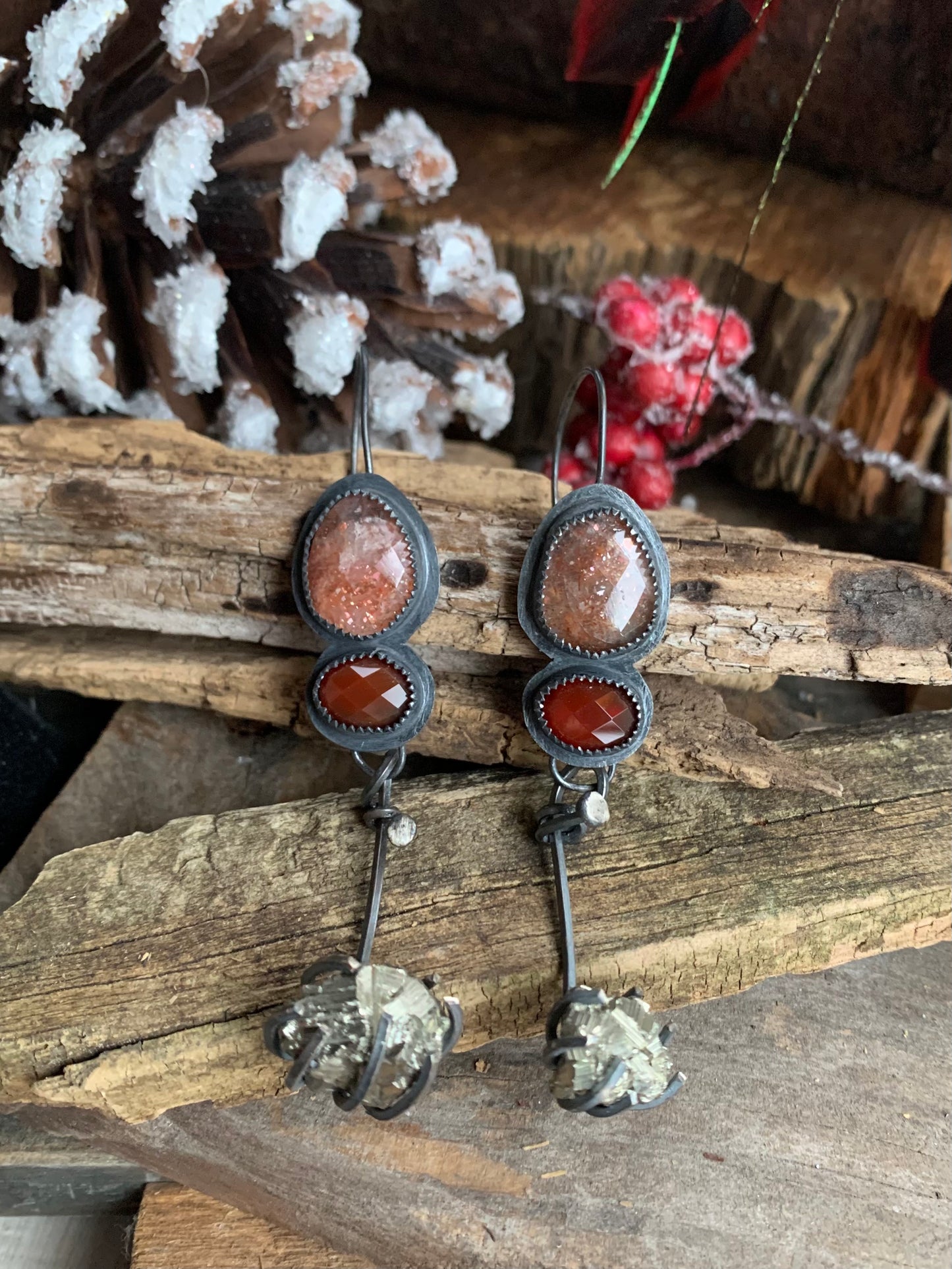 Fall Collection Sterling Silver Sunstone Rose Cut Carnelian Pyrite Earrings