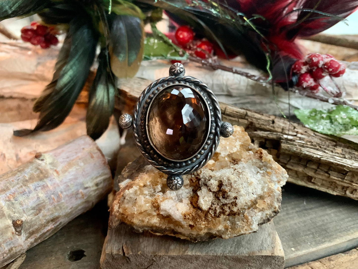 Smokey Quartz Sterling Silver Ball and Twisted Adjustable Ring