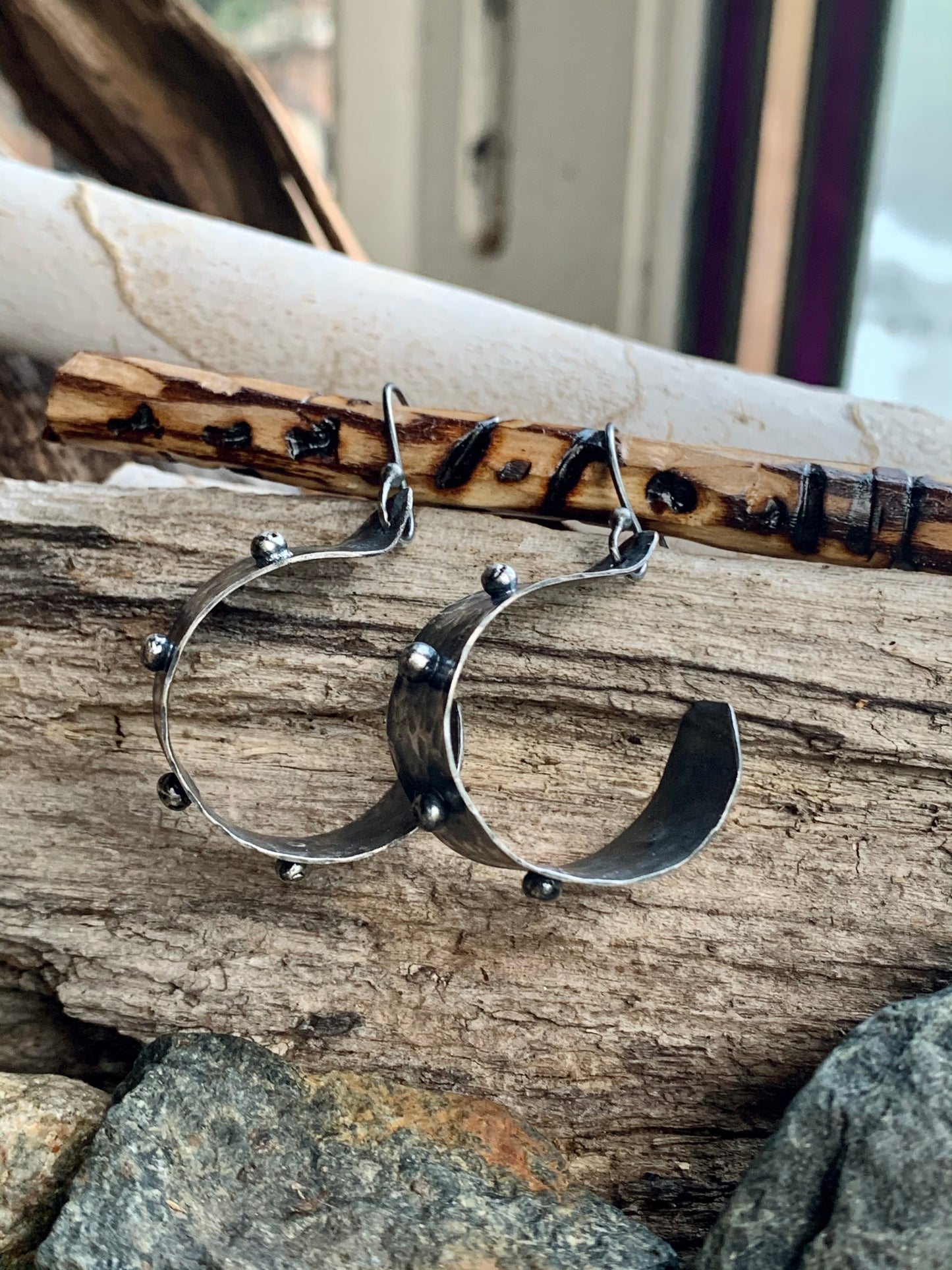 Oxidized Hand Forged Sterling Silver Ball Hoop Earrings # 2