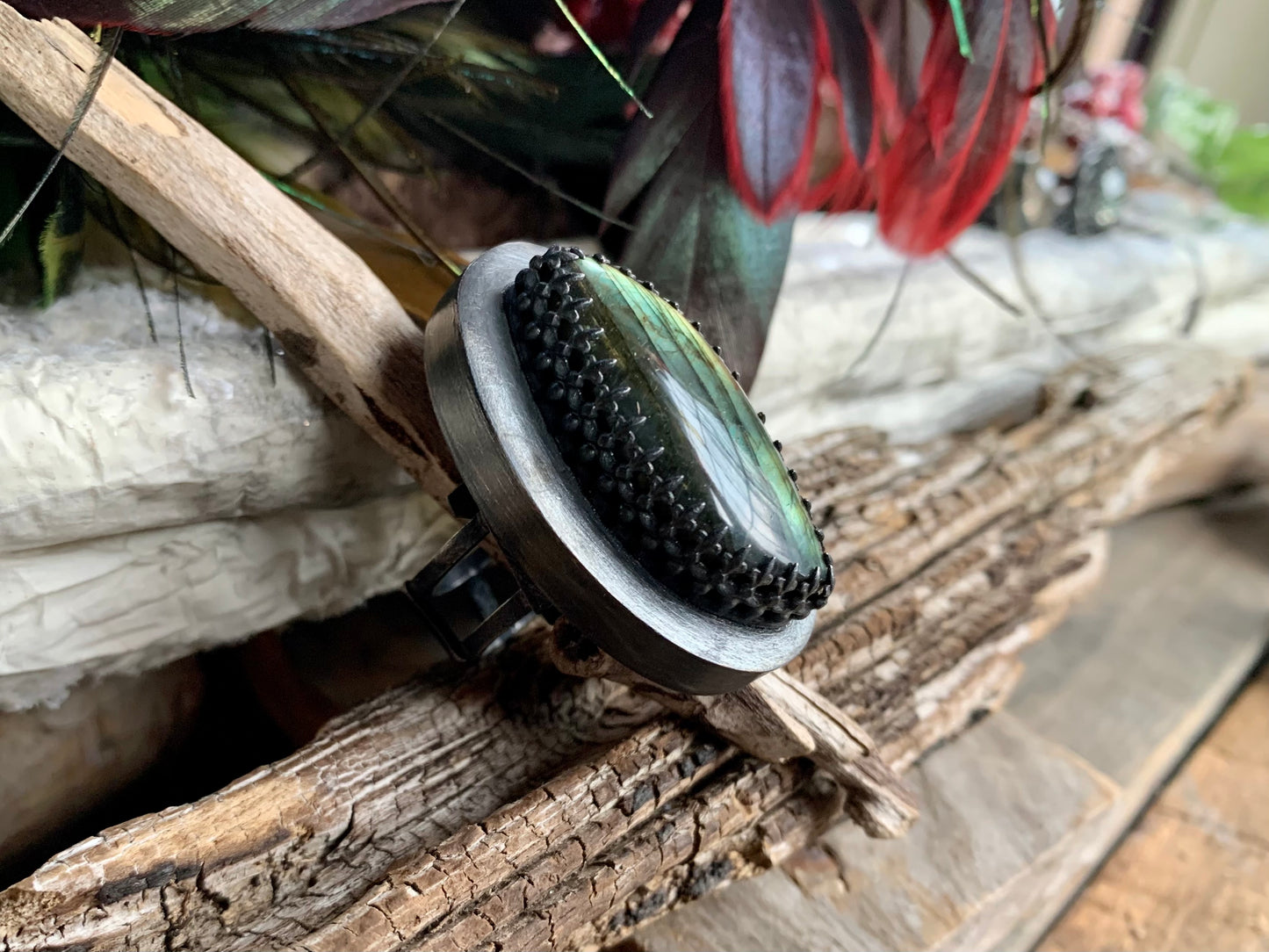 Sterling Silver Labradorite Hollow Form Adjustable Ring (2)