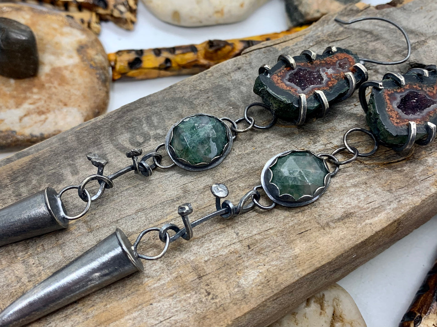 Sterling Silver Tabasco Geode Moss Agate Cone Earrings