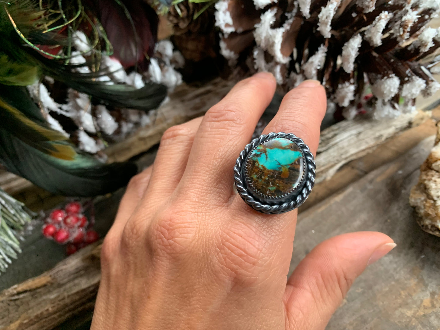 Sterling Silver Copper Hubei Turquoise Adjustable Ring (B)