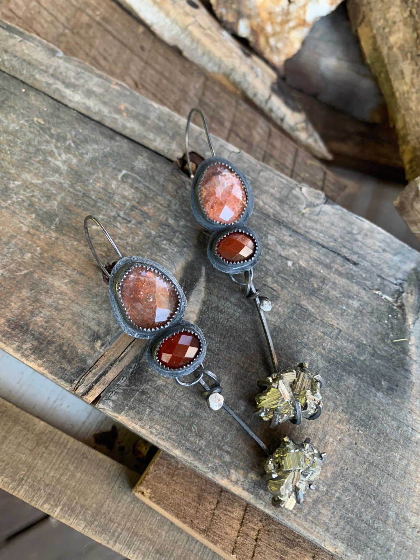 Fall Collection Sterling Silver Sunstone Rose Cut Carnelian Pyrite Earrings