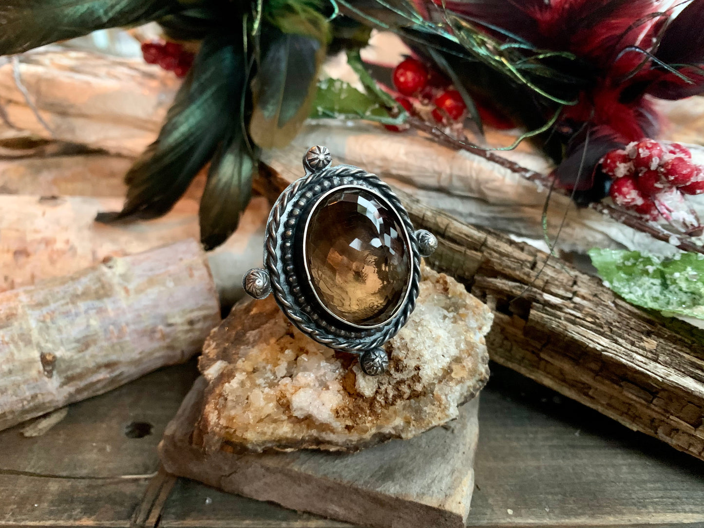 Smokey Quartz Sterling Silver Ball and Twisted Adjustable Ring