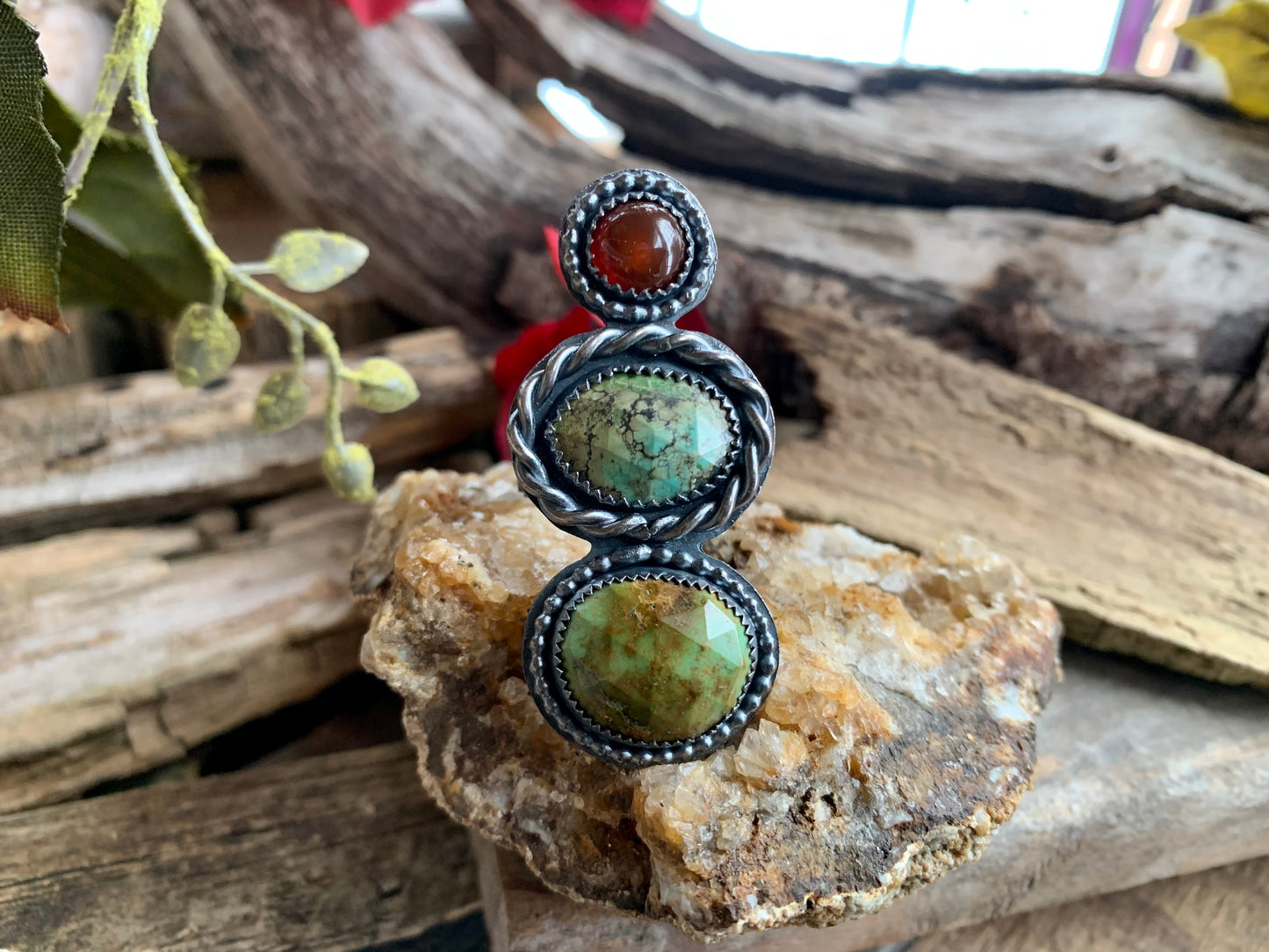 Sterling Silver Copper Hubei Turquoise Carnelian Adjustable Ring # Z