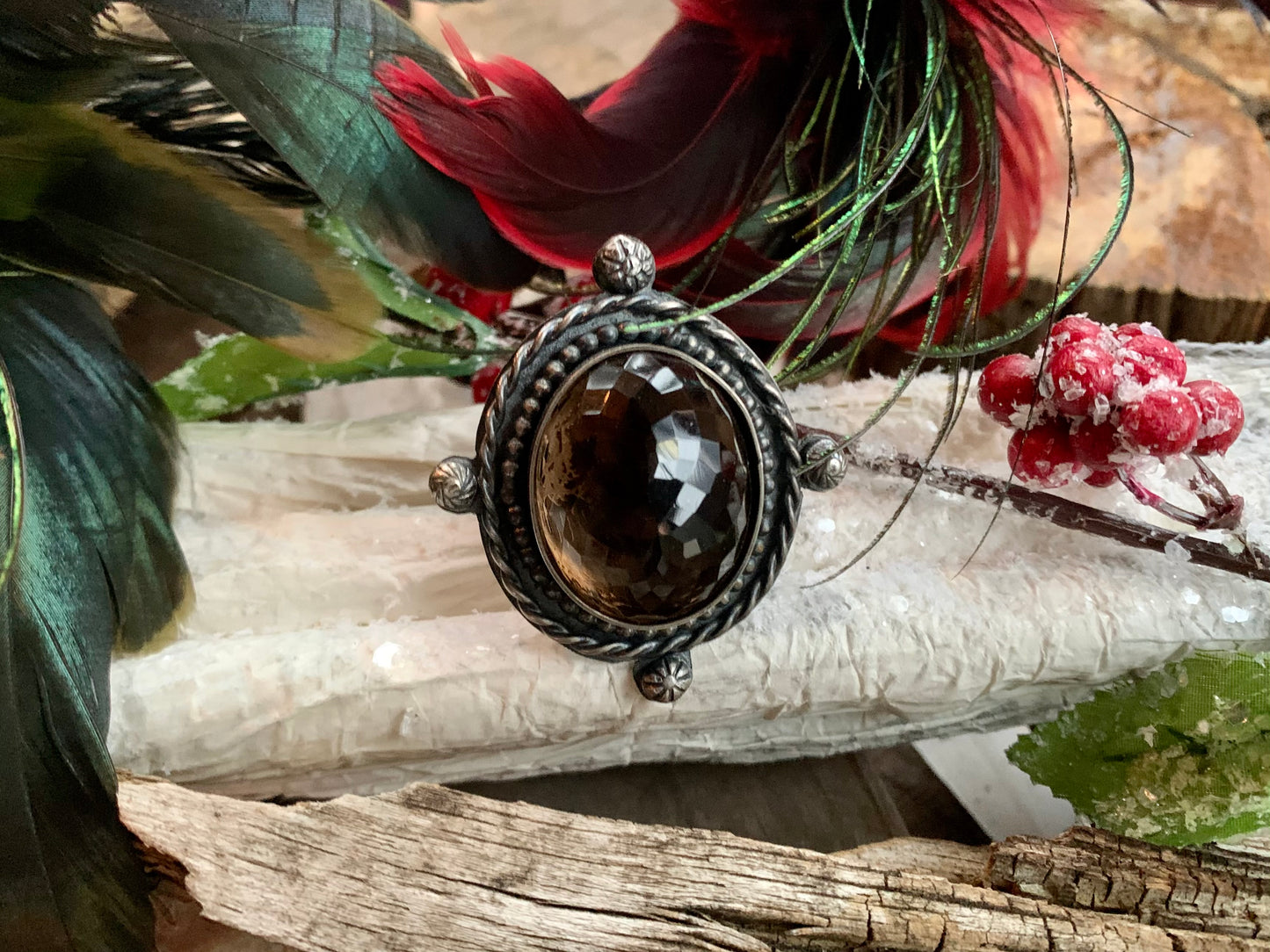 Smokey Quartz Sterling Silver Ball and Twisted Adjustable Ring