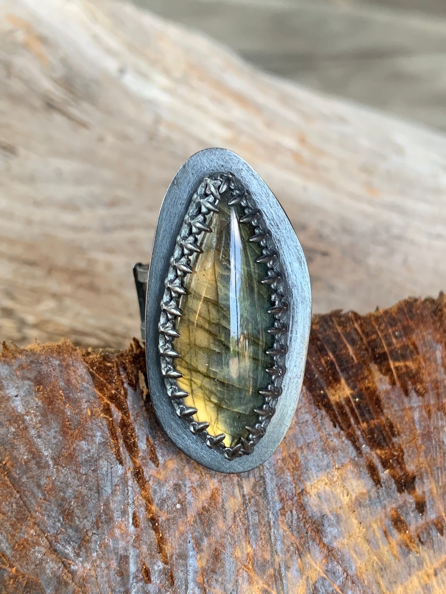 Oblong Labradorite Sterling Silver Hollow Box Form Adjustable Ring