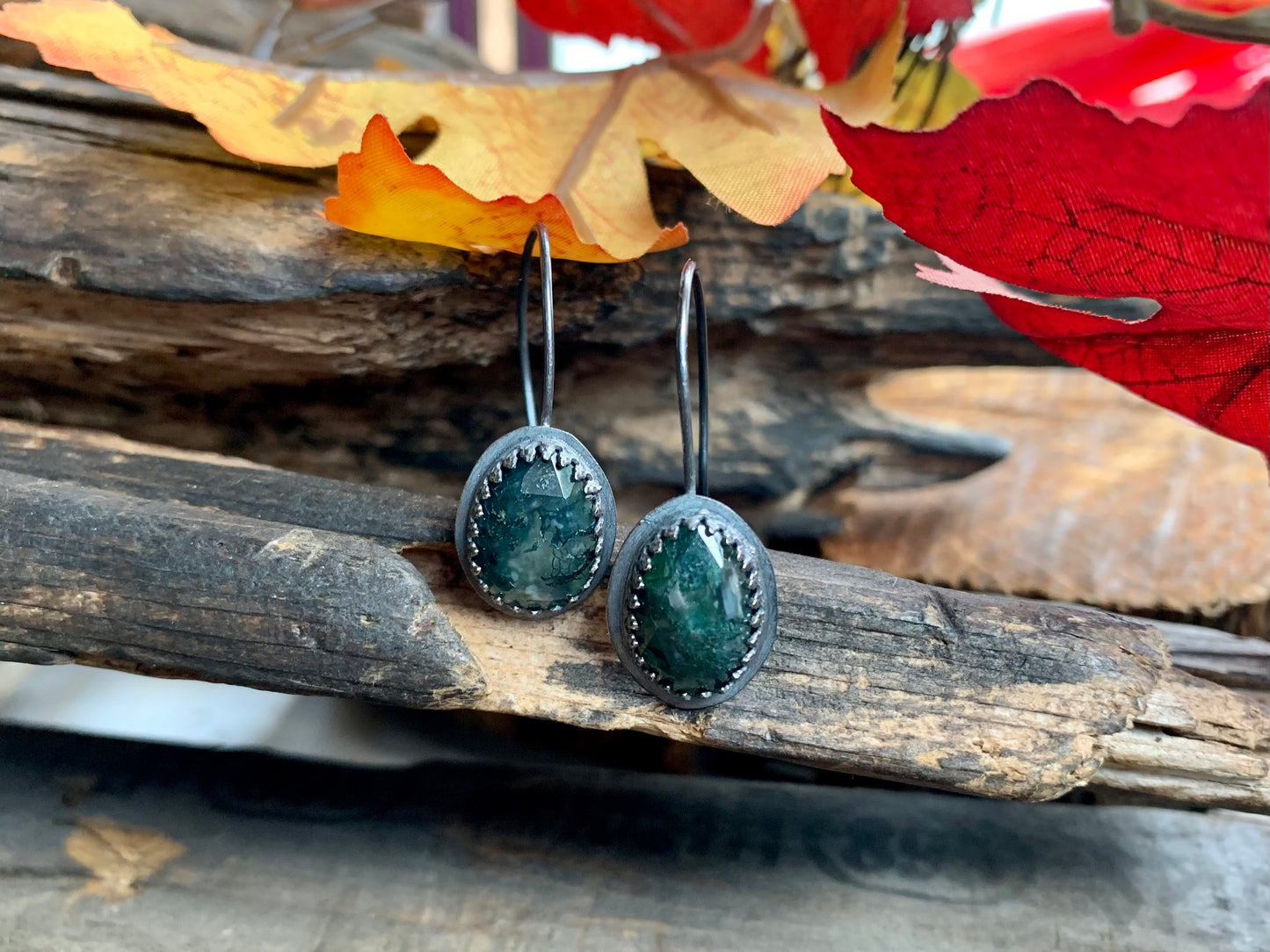 Fall Collection Sterling Silver Rose Cut Moss Agate Earrings