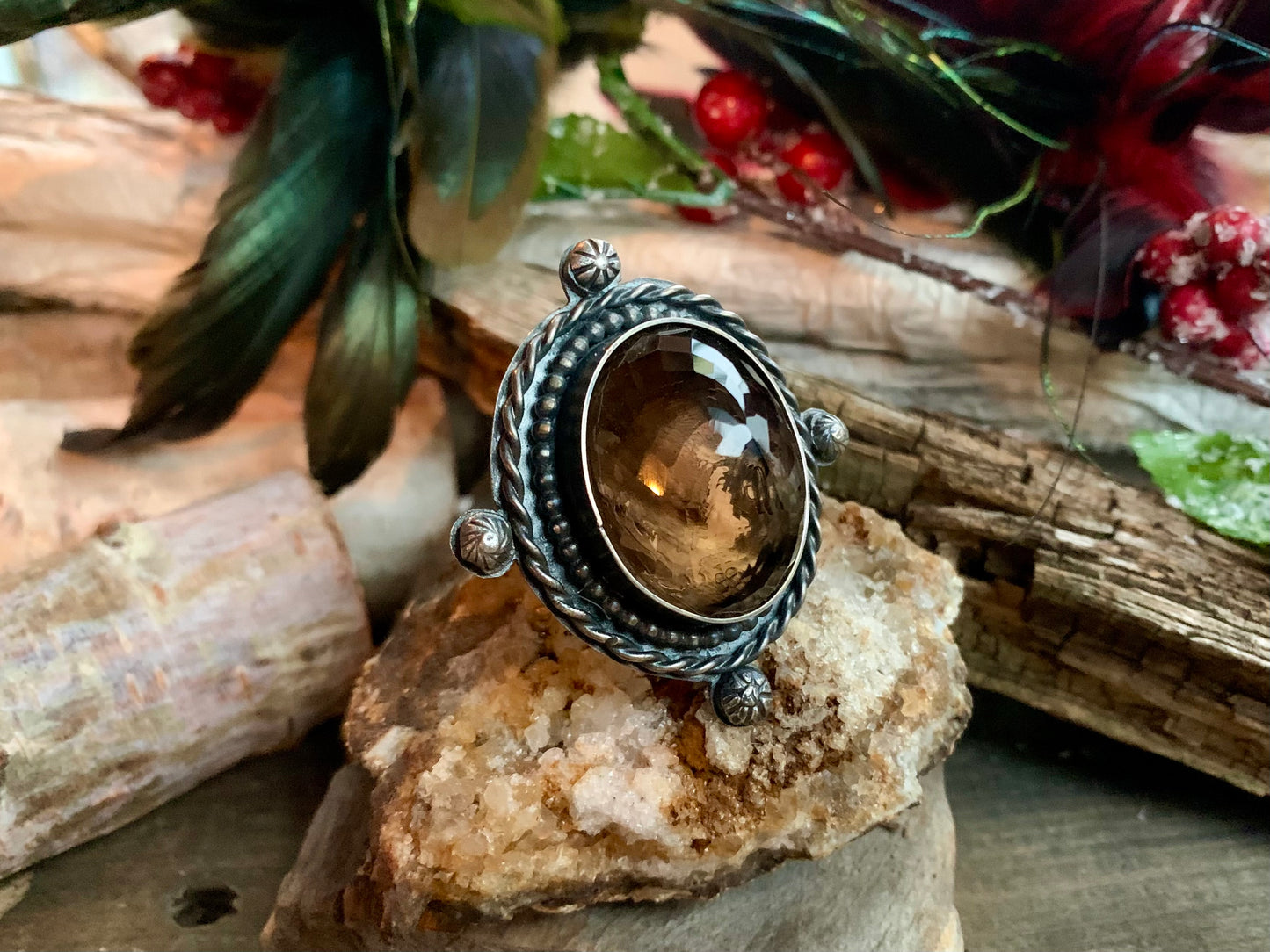 Smokey Quartz Sterling Silver Ball and Twisted Adjustable Ring