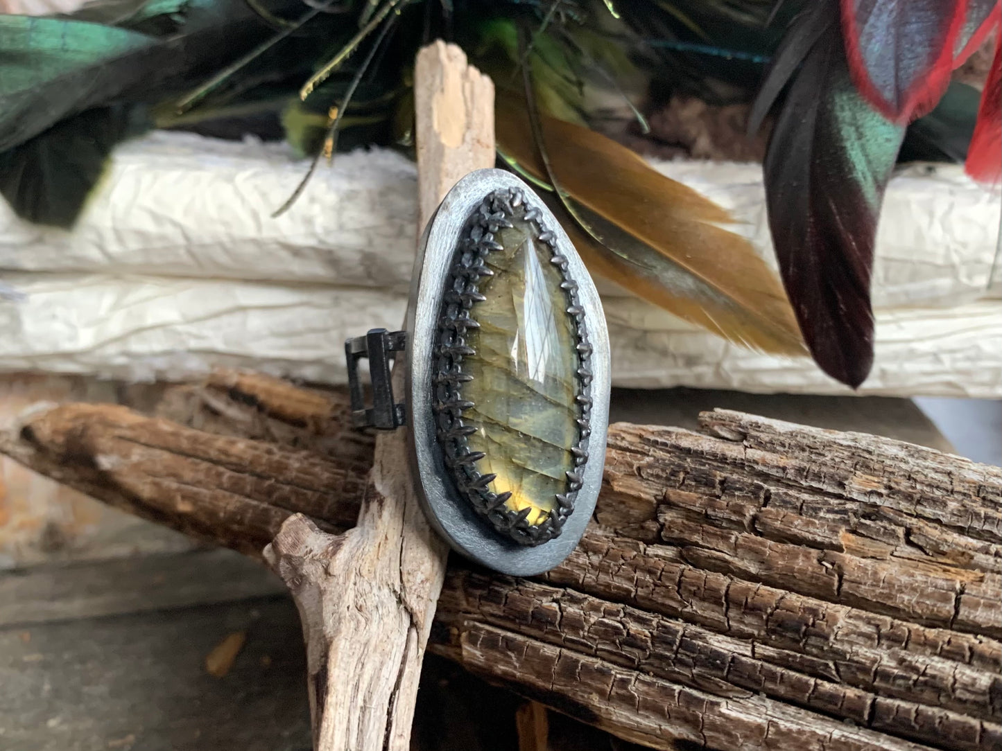 Oblong Labradorite Sterling Silver Hollow Box Form Adjustable Ring