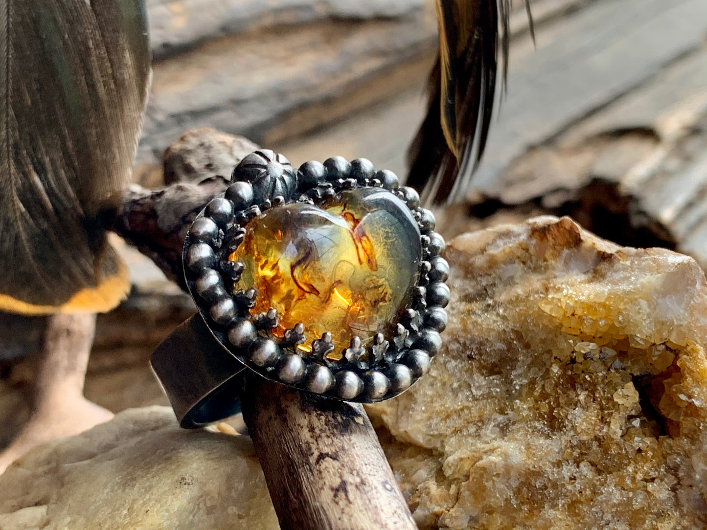 Sterling Silver Amber Heart adjustable Ring