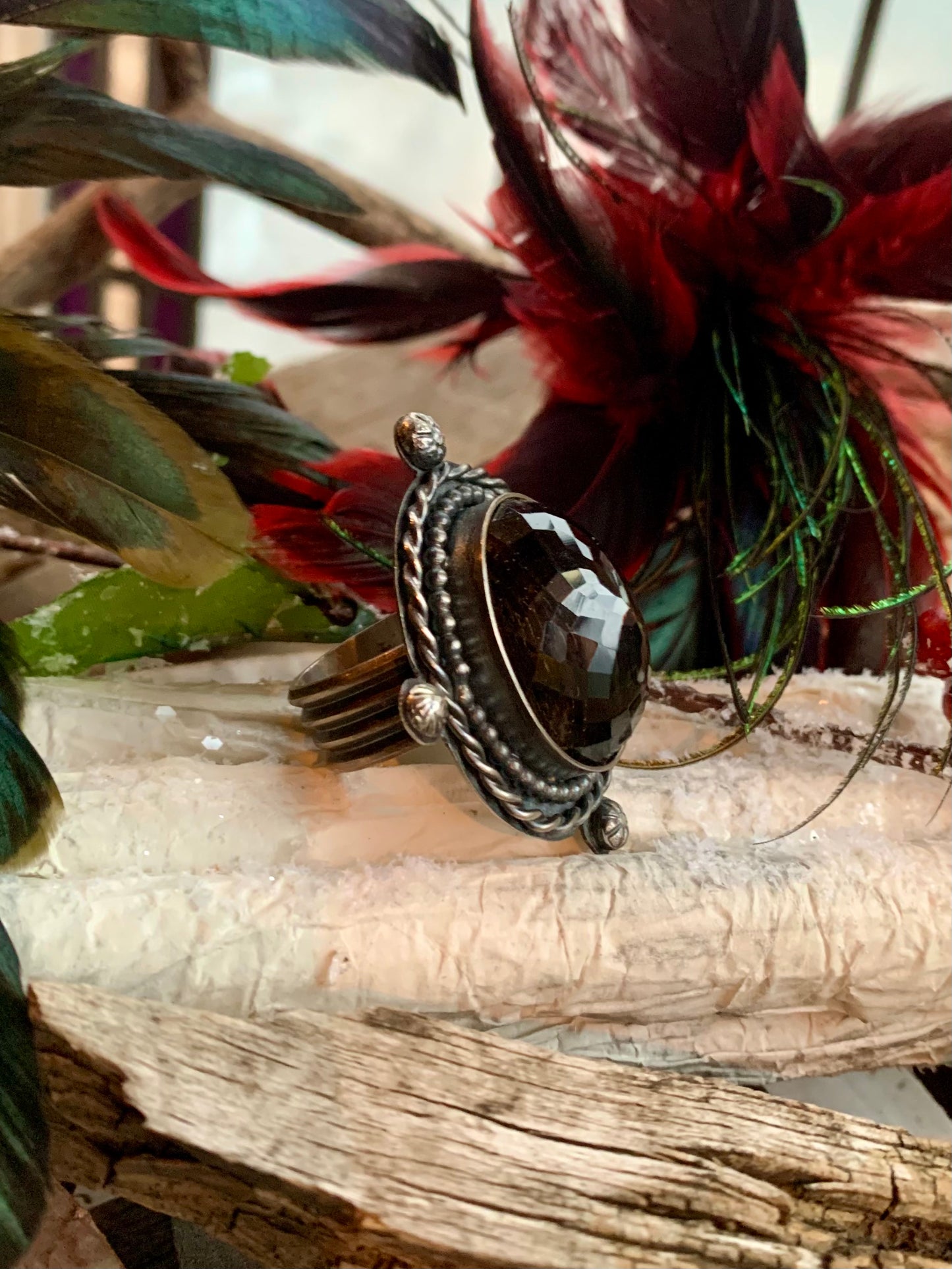 Smokey Quartz Sterling Silver Ball and Twisted Adjustable Ring