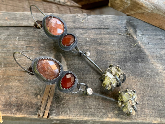 Fall Collection Sterling Silver Sunstone Rose Cut Carnelian Pyrite Earrings