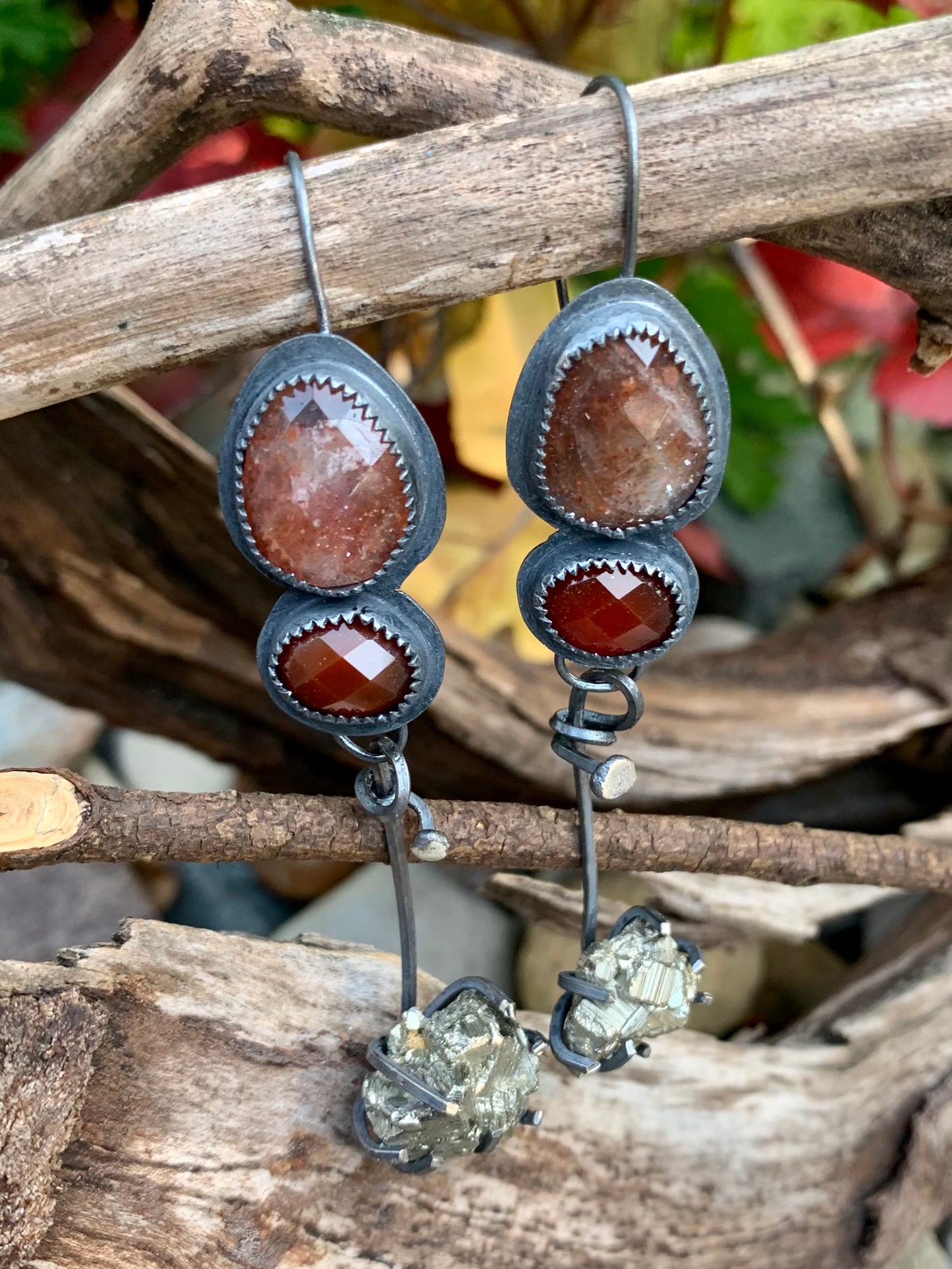 Fall Collection Sterling Silver Sunstone Rose Cut Carnelian Pyrite Earrings