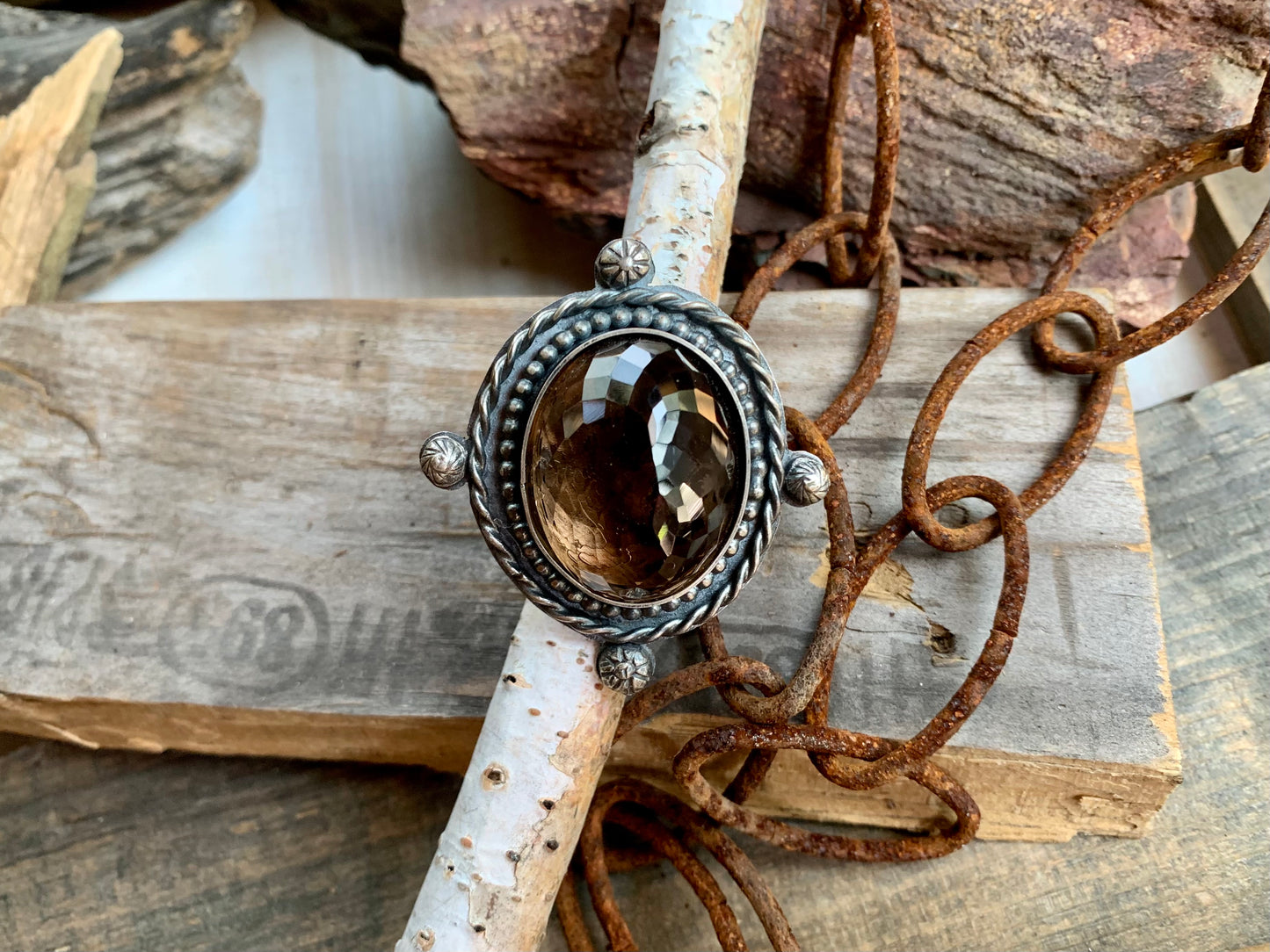 Smokey Quartz Sterling Silver Ball and Twisted Adjustable Ring