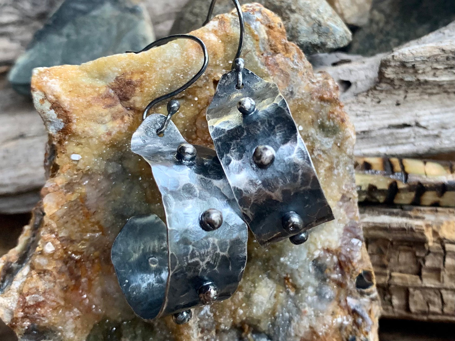 Oxidized Hand Forged Sterling Silver Ball Hoop Earrings # 2