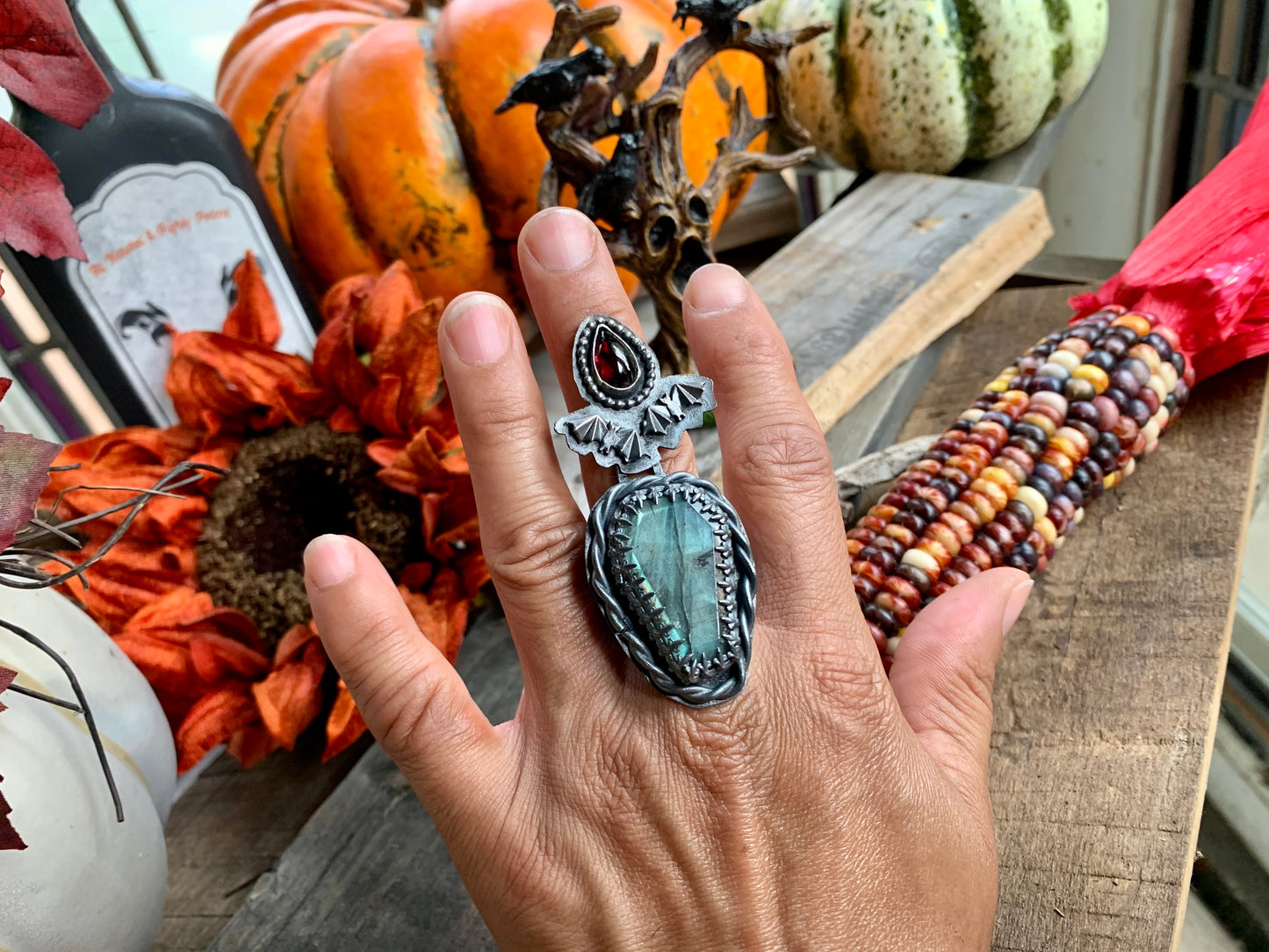 Halloween 2 Bats Sterling Silver Labradorite Garnet Ring