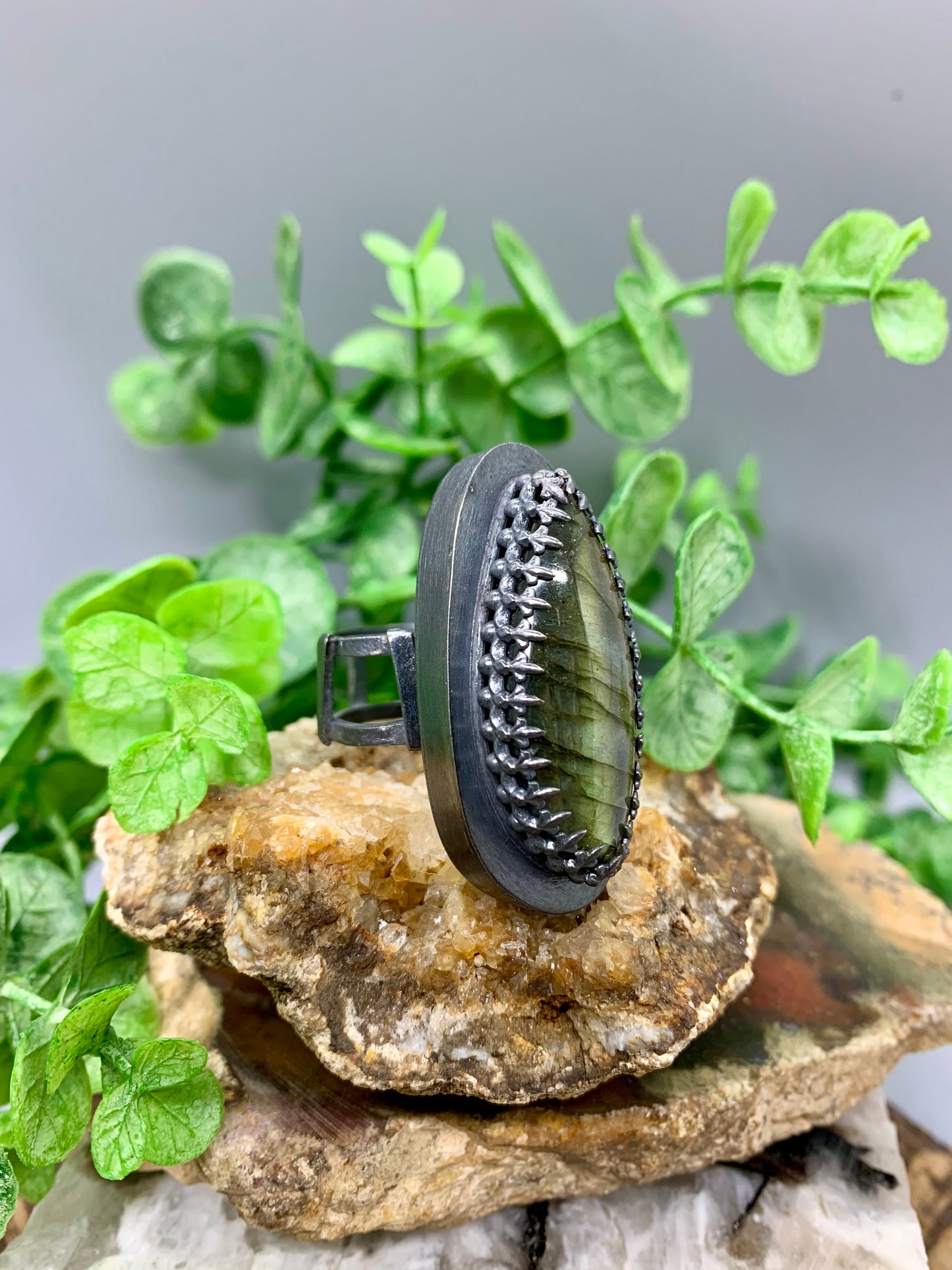 Oblong Labradorite Sterling Silver Hollow Box Form Adjustable Ring