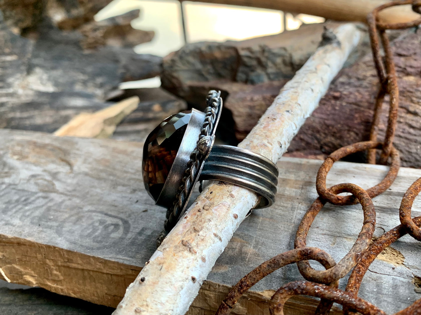 Smokey Quartz Sterling Silver Ball and Twisted Adjustable Ring