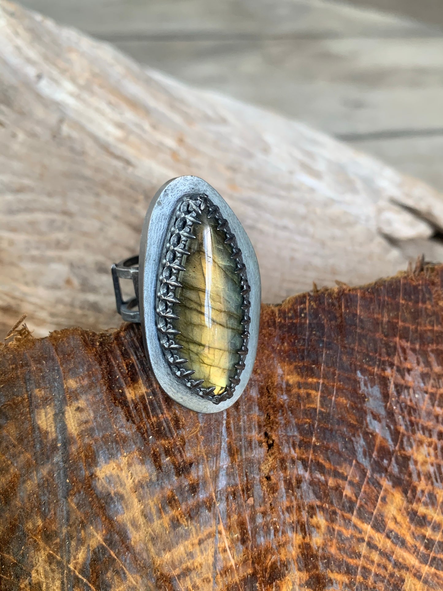 Oblong Labradorite Sterling Silver Hollow Box Form Adjustable Ring