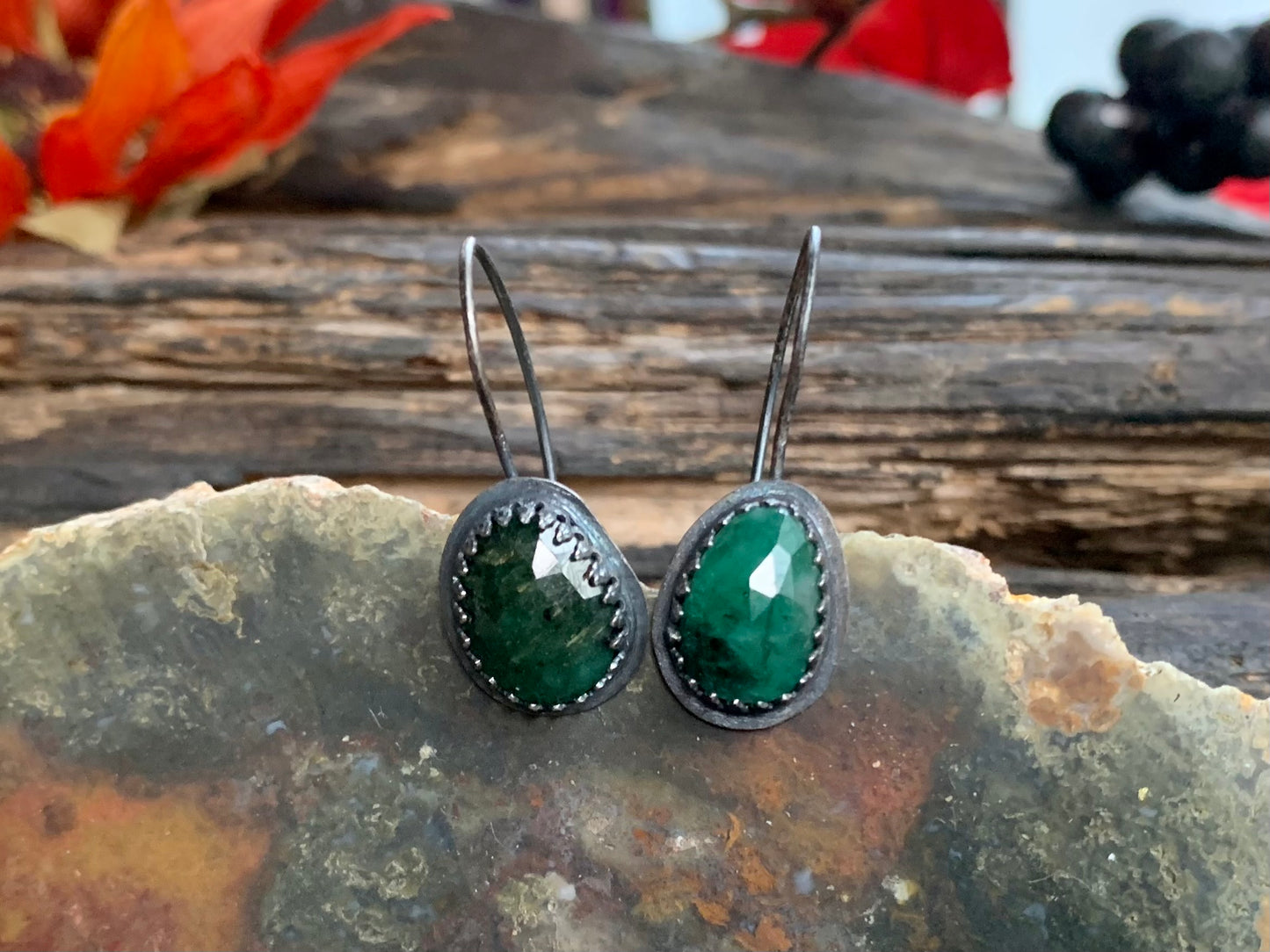 Fall Collection Oxidized Sterling Silver Rose Cut Emerald Earrings (2)