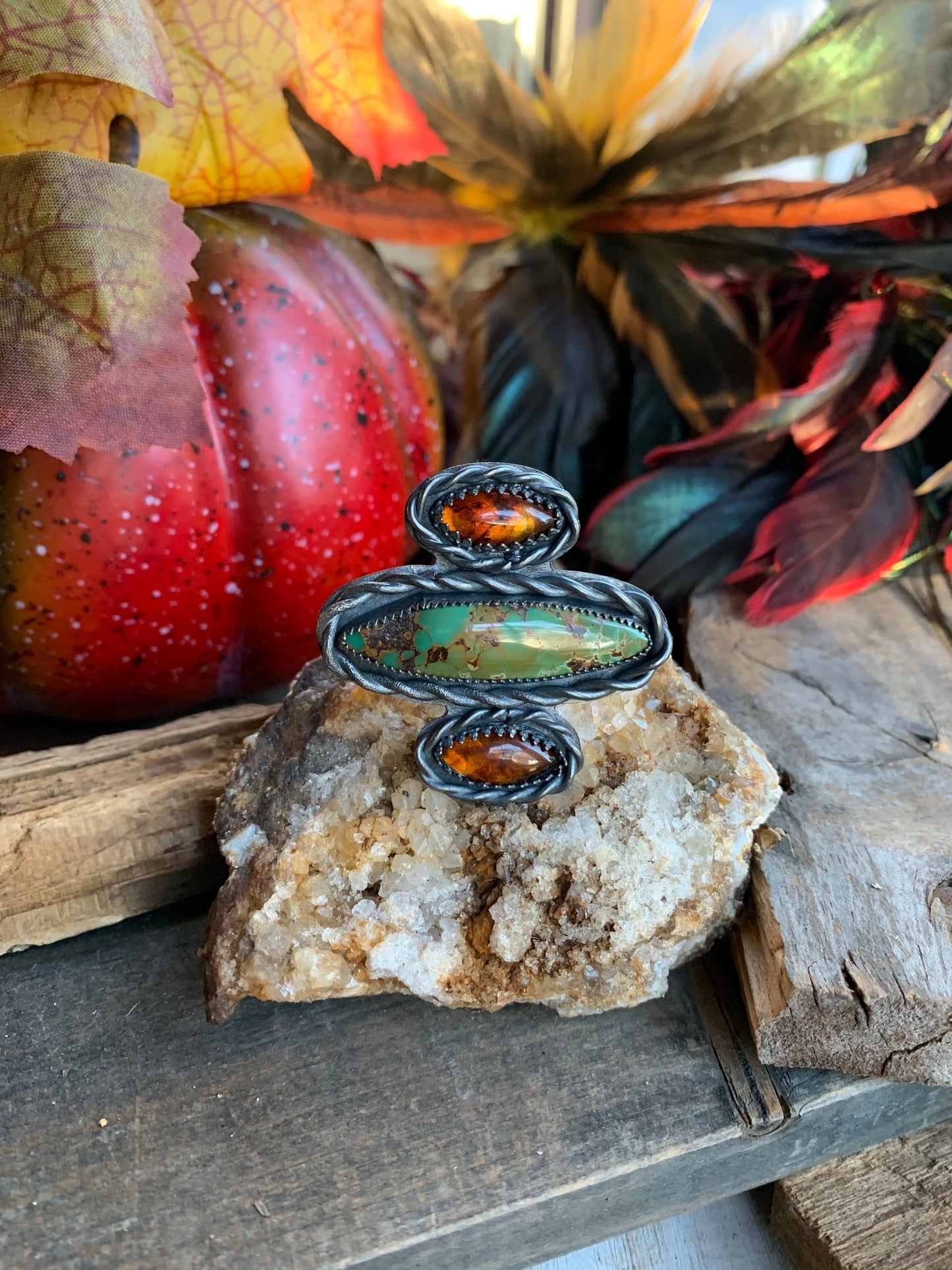 Sterling Silver Bamboo Mountain Turquoise Baltic Amber Adjustable Ring