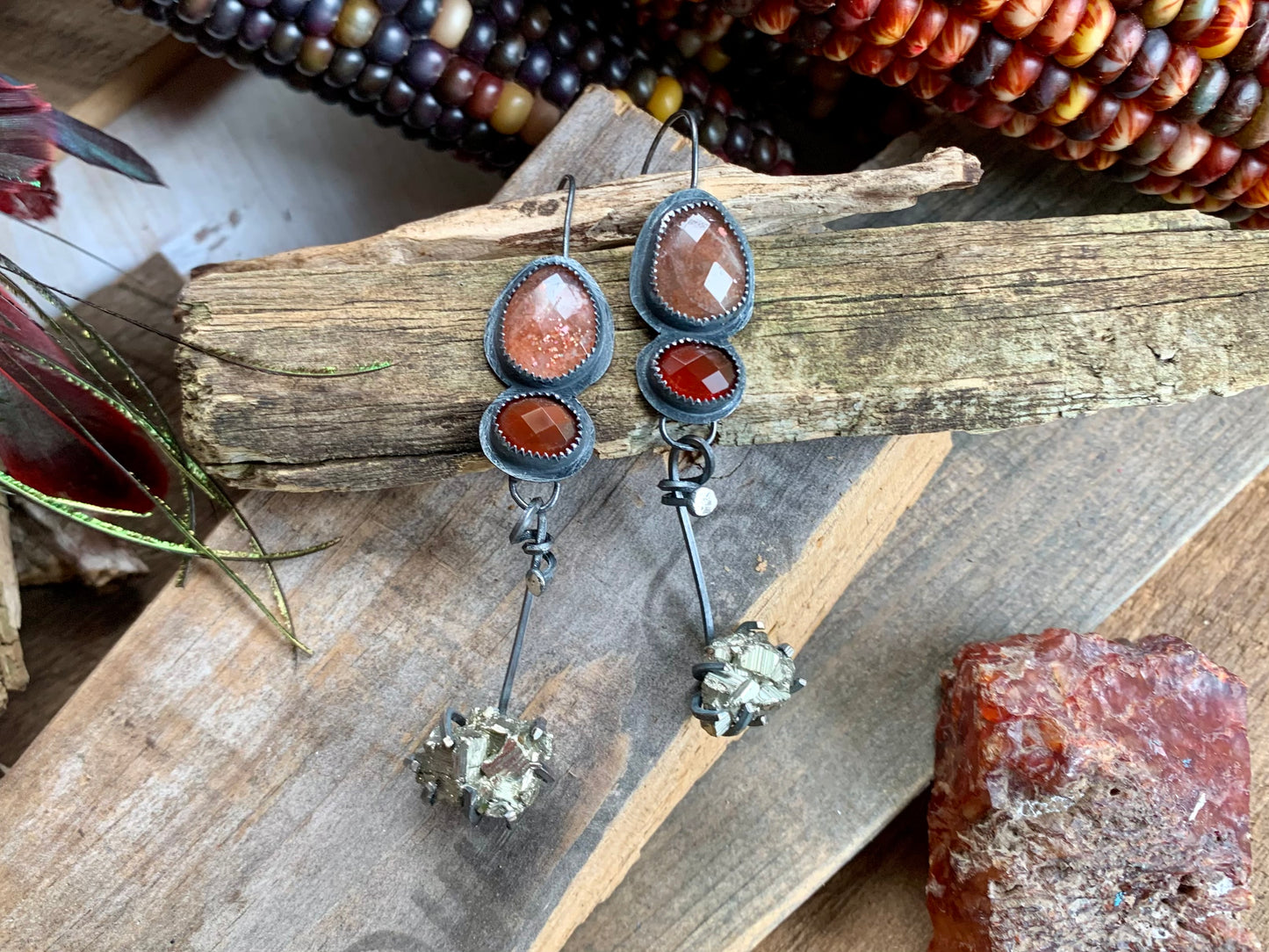 Fall Collection Sterling Silver Sunstone Rose Cut Carnelian Pyrite Earrings