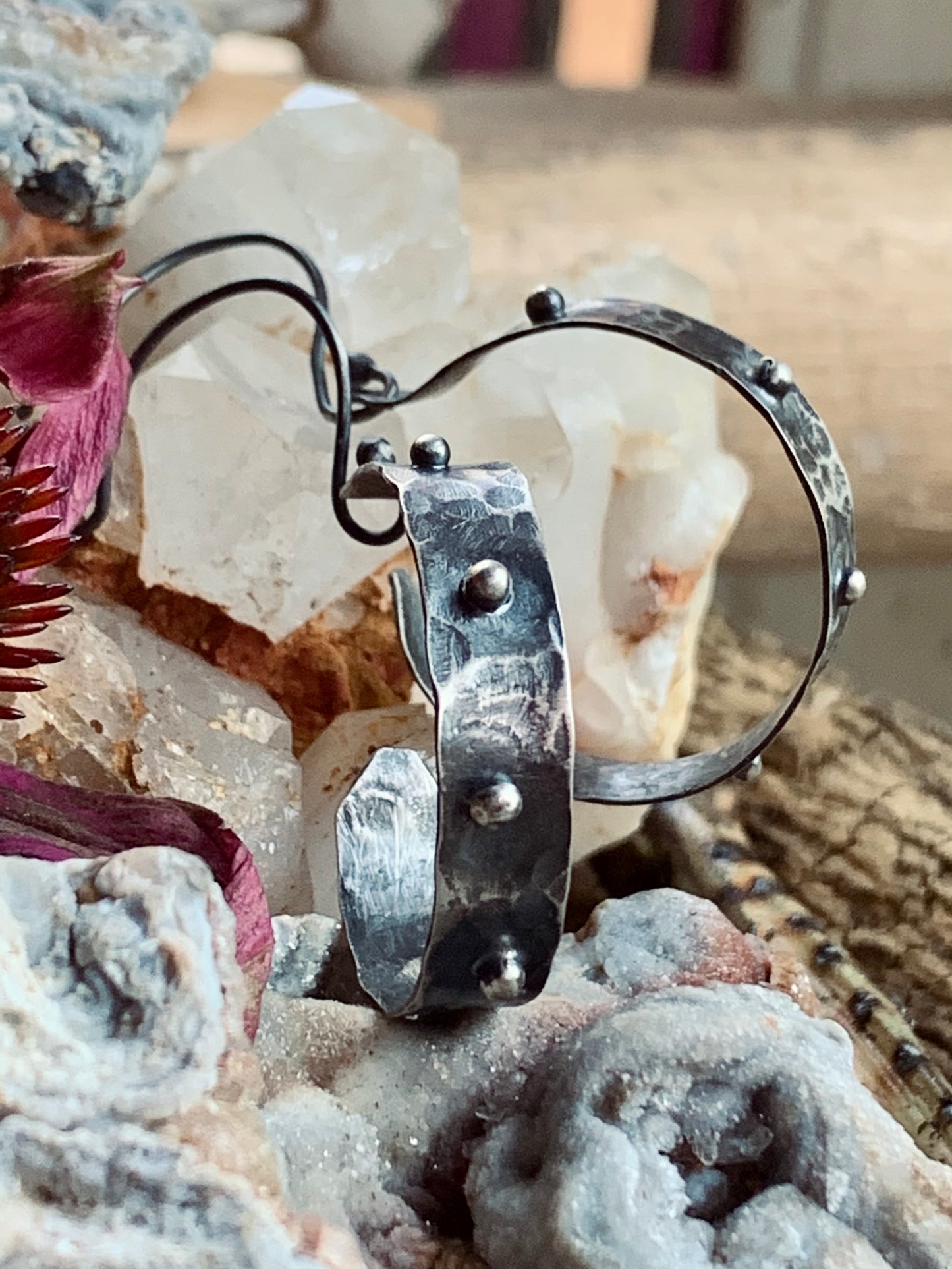 Oxidized Hand Forged Sterling Silver Ball Hoop Earrings # 1