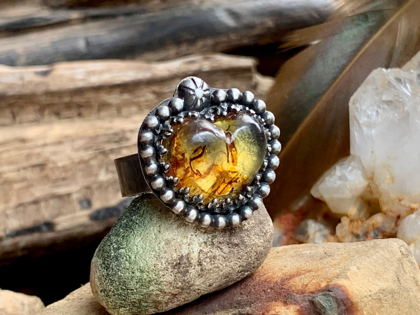 Sterling Silver Amber Heart adjustable Ring