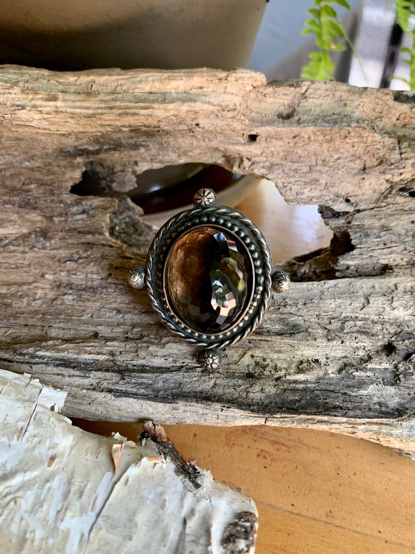 Smokey Quartz Sterling Silver Ball and Twisted Adjustable Ring