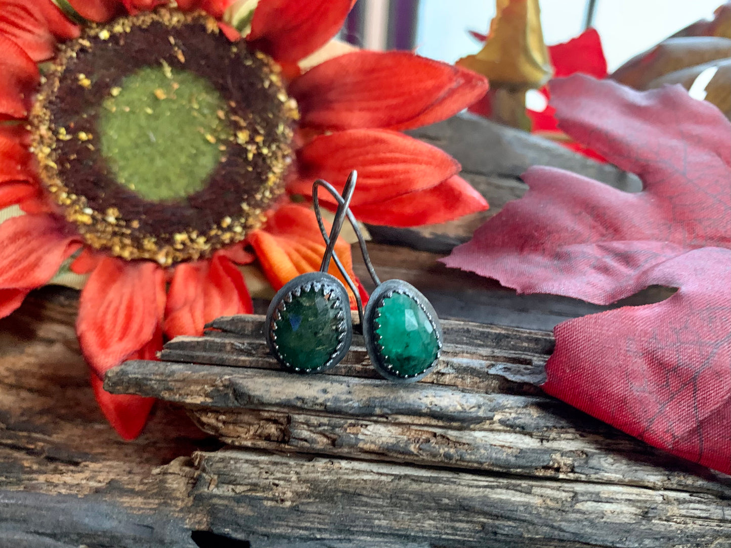 Fall Collection Oxidized Sterling Silver Rose Cut Emerald Earrings (2)