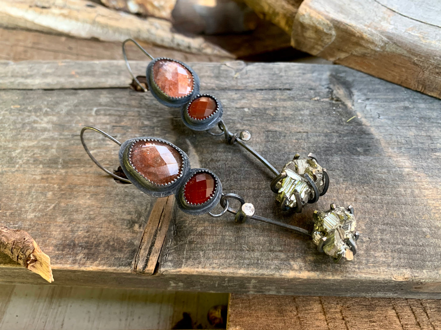 Fall Collection Sterling Silver Sunstone Rose Cut Carnelian Pyrite Earrings