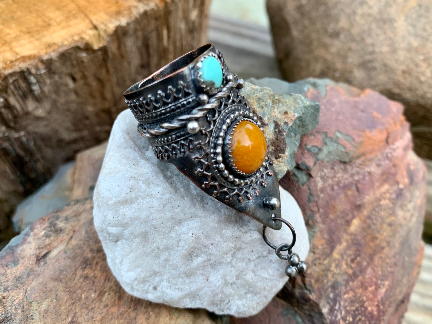 Eclectic Copper Silver Yellow Jade and Hubei Turquoise Adjustable Ring. A