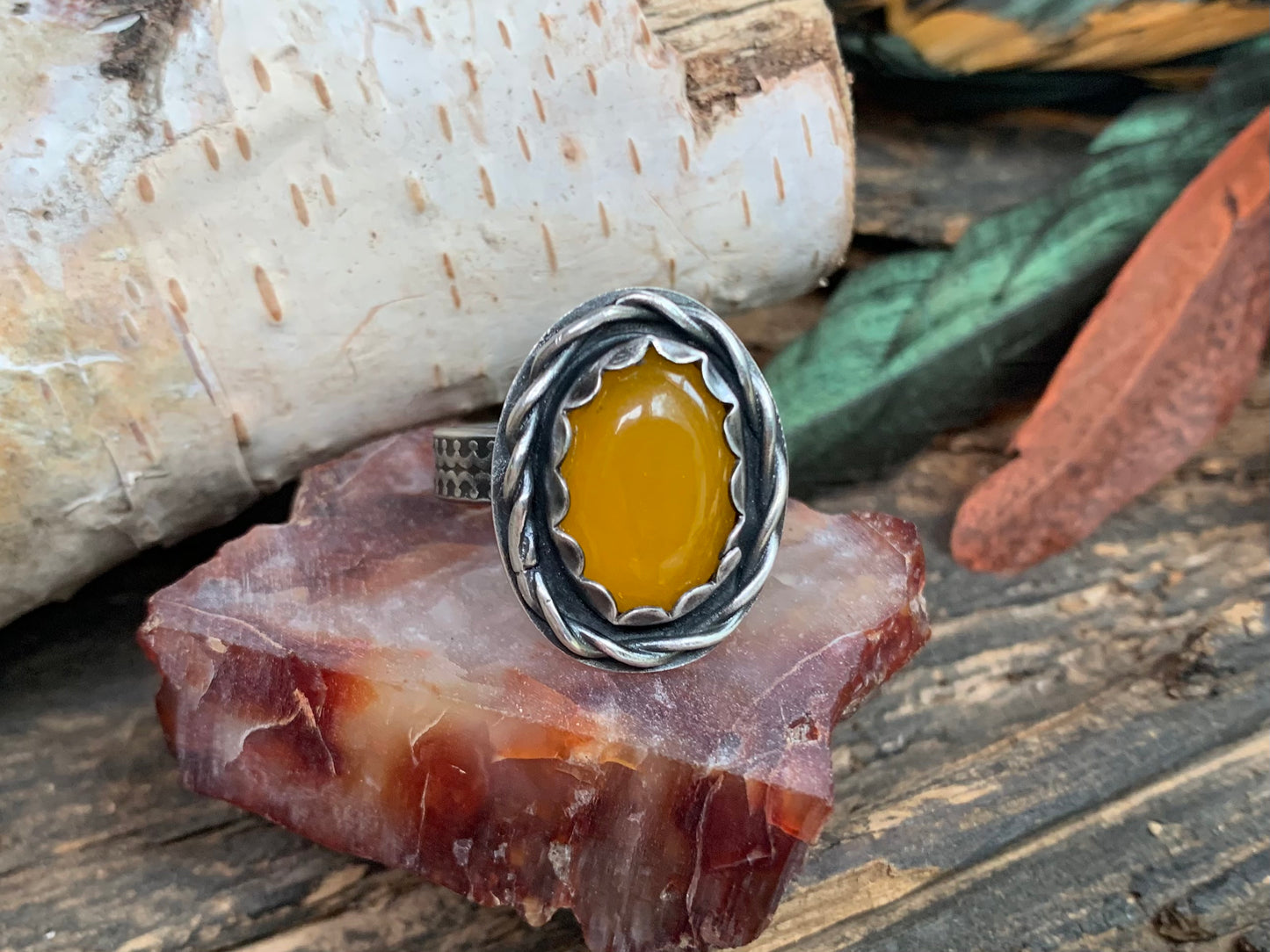 Sterling Silver Twisted Yellow Jade Adjustable Ring