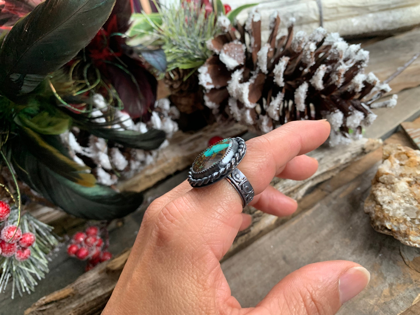 Sterling Silver Copper Hubei Turquoise Adjustable Ring (B)