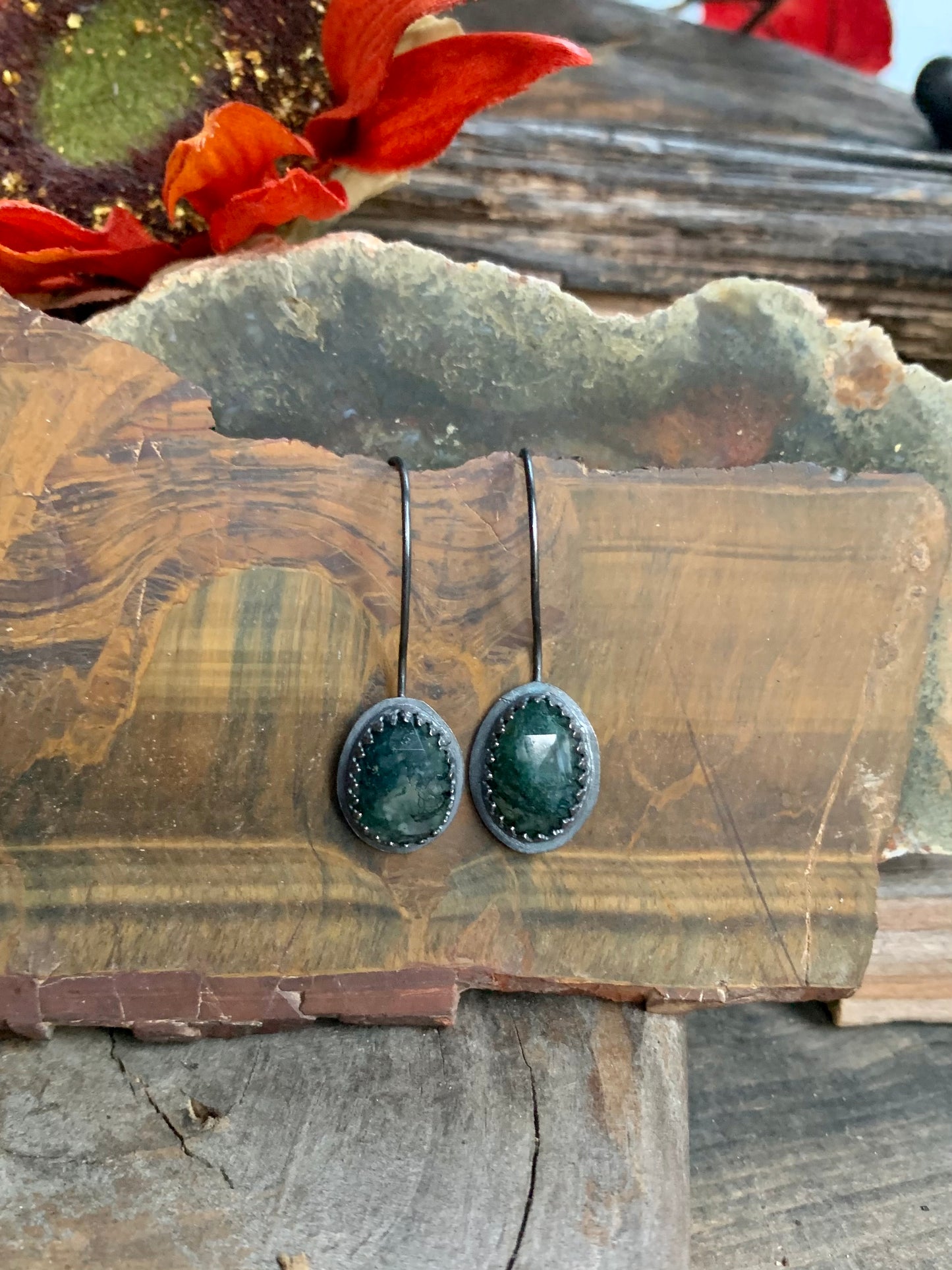 Fall Collection Sterling Silver Rose Cut Moss Agate Earrings