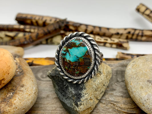 Sterling Silver Copper Hubei Turquoise Adjustable Ring (B)