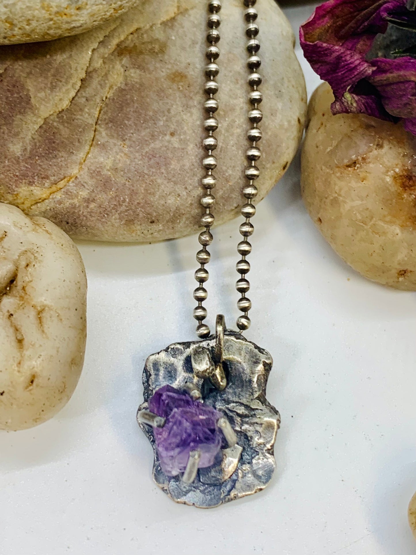 Sterling Silver Raw Amethyst Crystal Treasure Necklace # 3