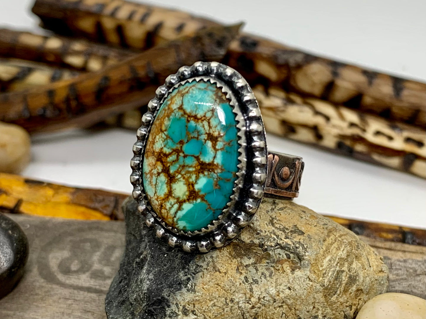 Sterling Silver Copper Hubei Turquoise Adjustable Ring (E)