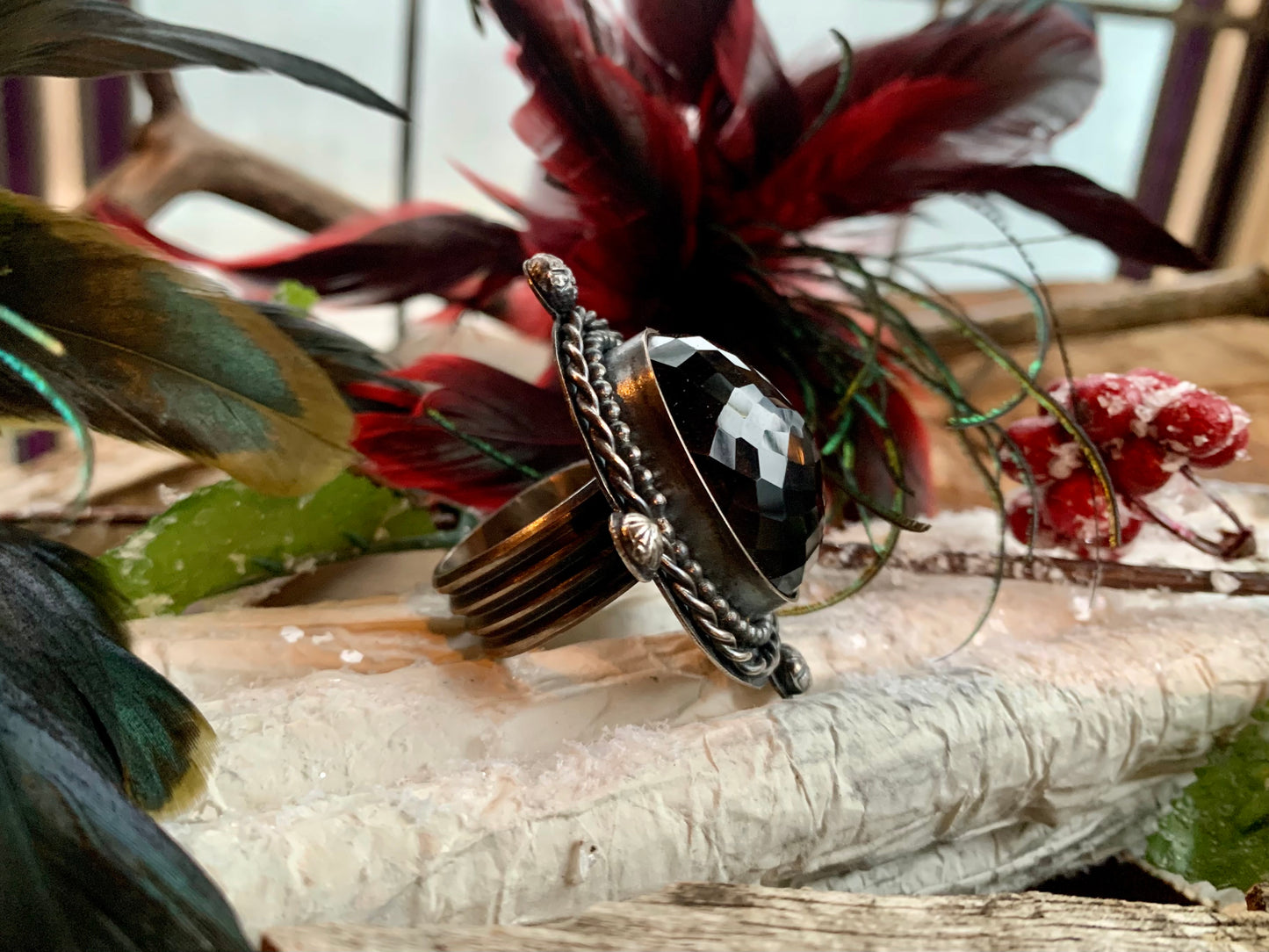 Smokey Quartz Sterling Silver Ball and Twisted Adjustable Ring