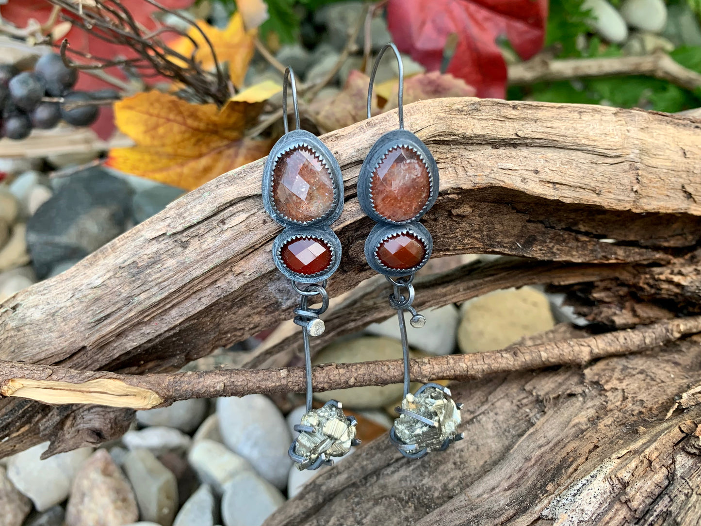 Fall Collection Sterling Silver Sunstone Rose Cut Carnelian Pyrite Earrings