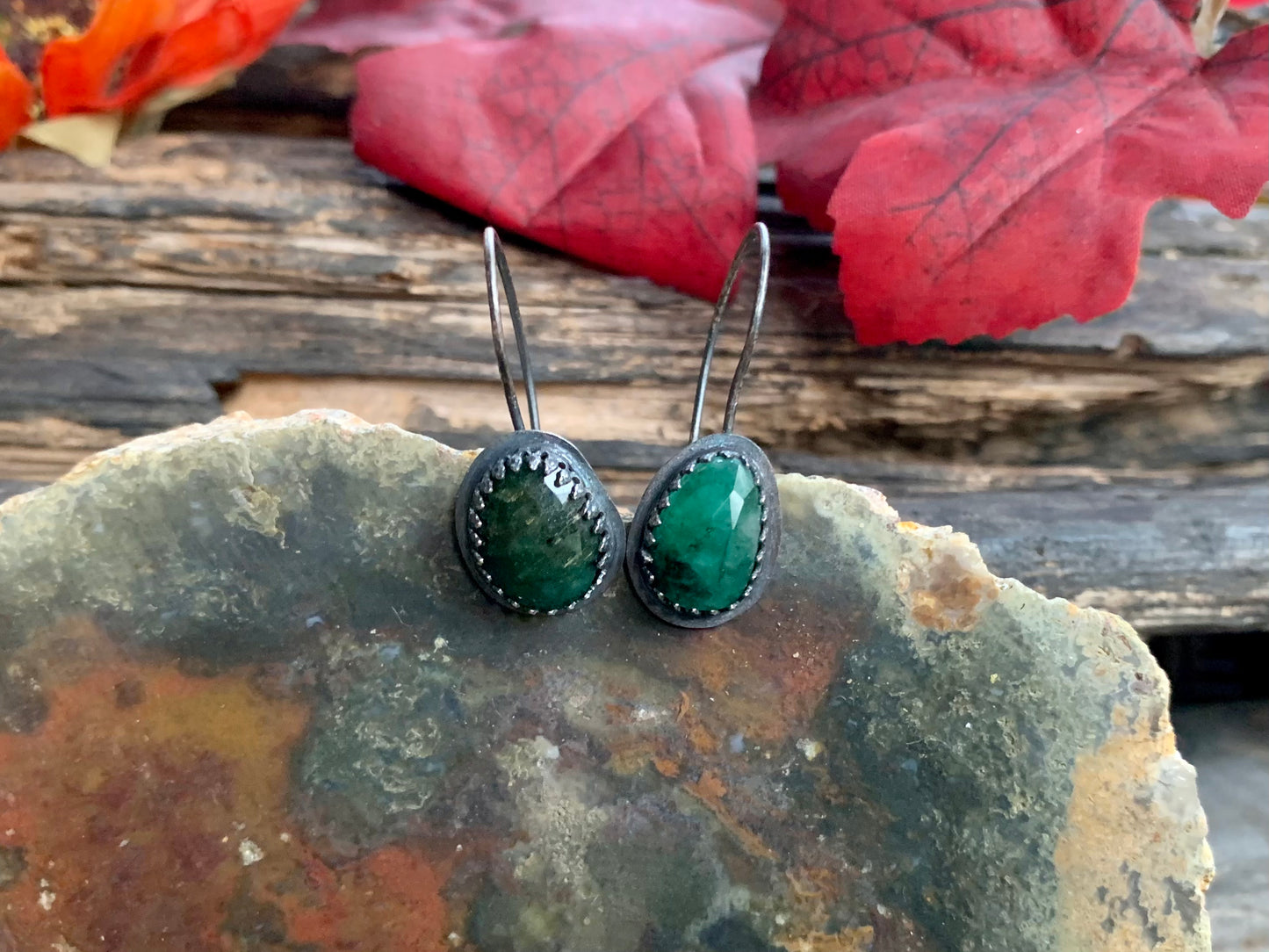 Fall Collection Oxidized Sterling Silver Rose Cut Emerald Earrings (2)