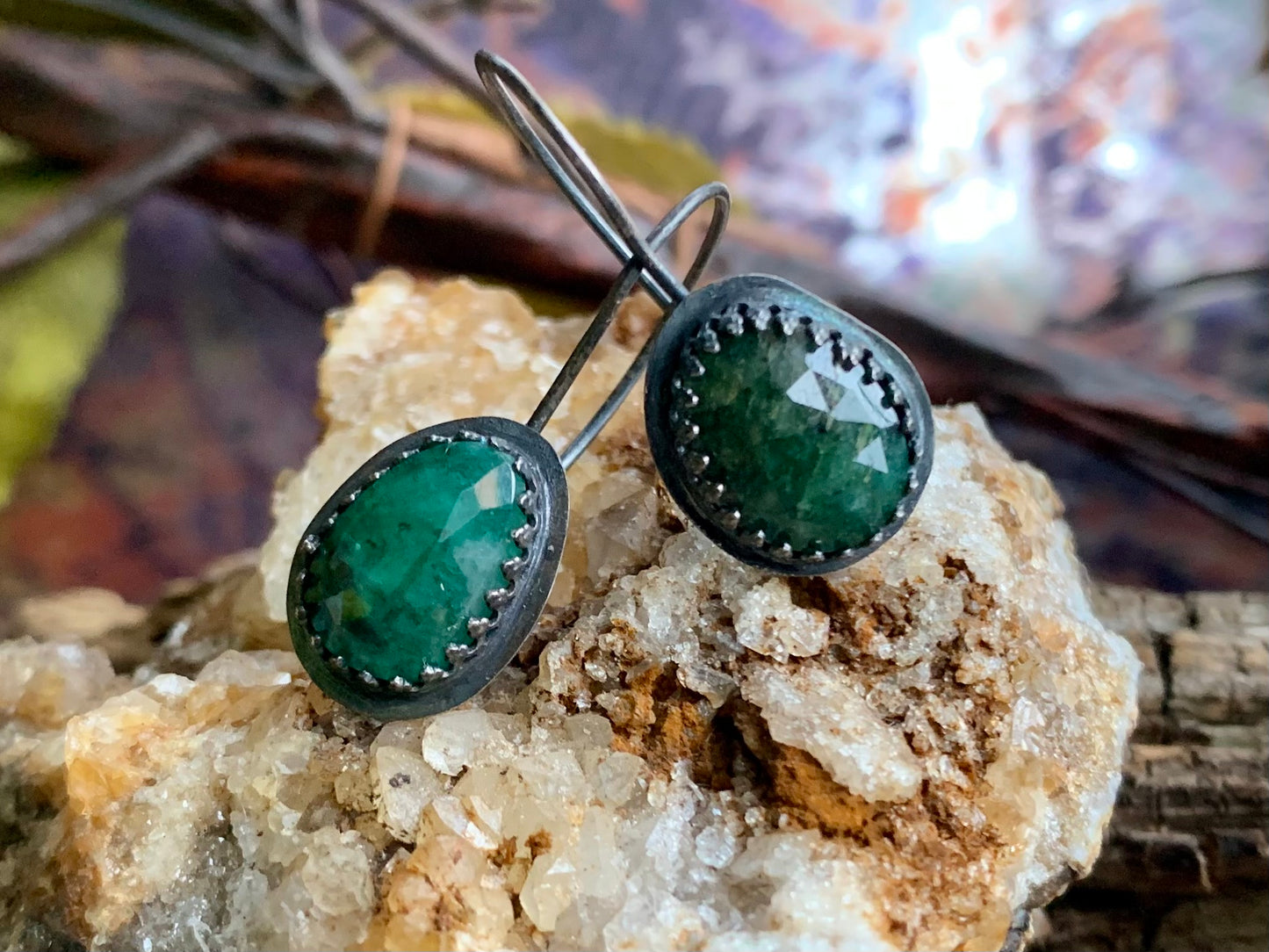 Fall Collection Oxidized Sterling Silver Rose Cut Emerald Earrings (2)