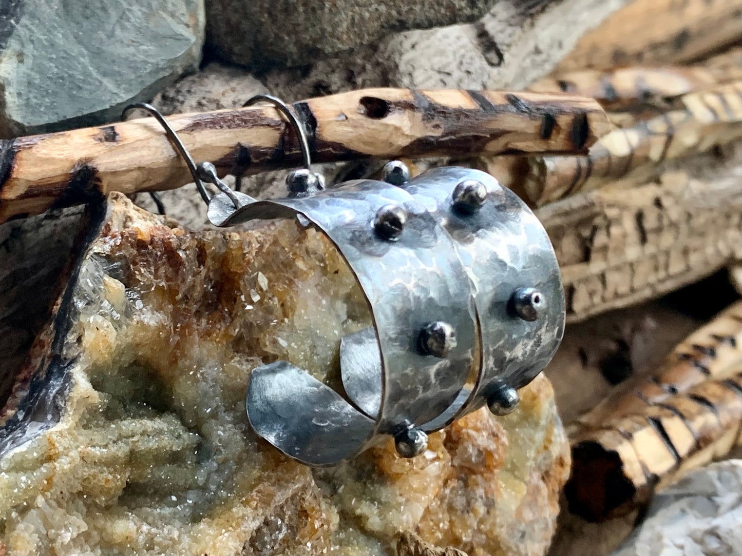 Oxidized Hand Forged Sterling Silver Ball Hoop Earrings # 2