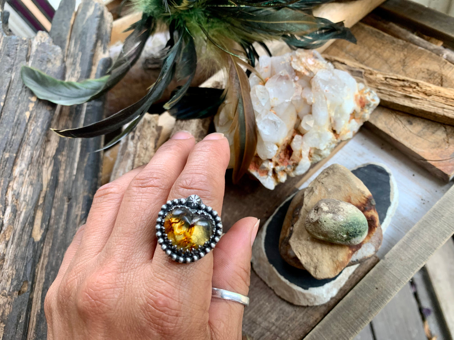 Sterling Silver Amber Heart adjustable Ring