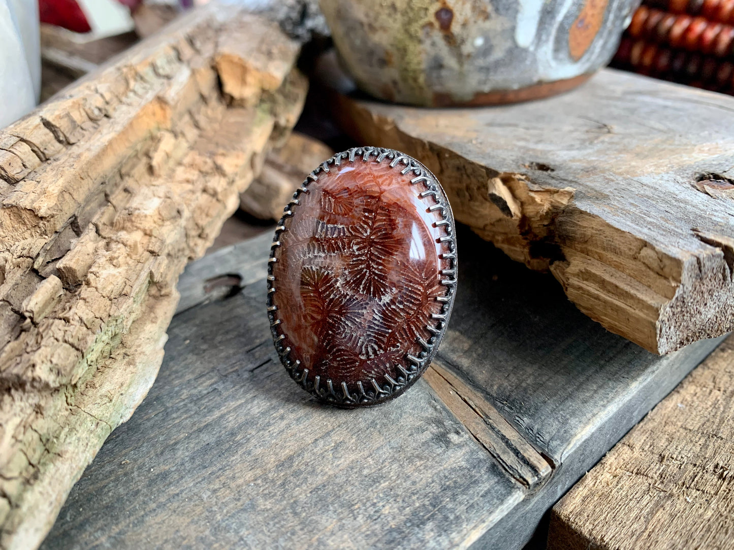 Sterling Silver Fossil Adjustable Ring