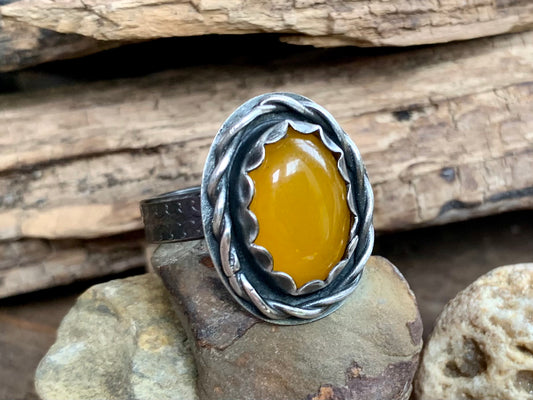 Sterling Silver Twisted Yellow Jade Adjustable Ring