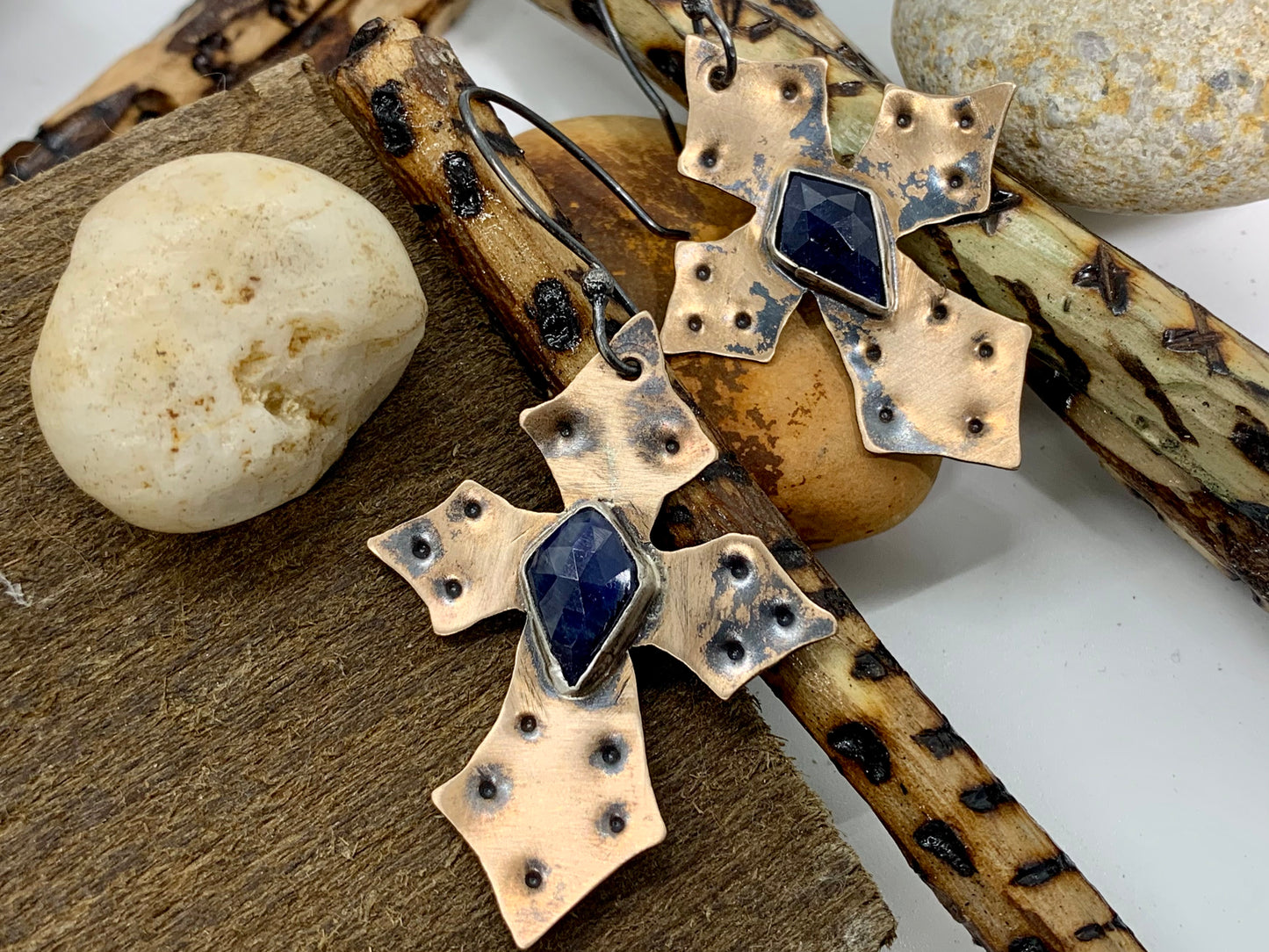 Bronze Sterling Silver Cross Blue Sapphire Earrings