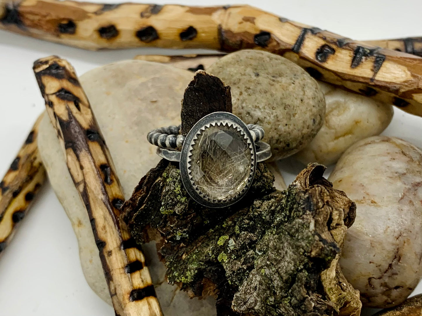 Golden Rutile Quartz Sterling Stacker Ring Sz. 7 (2pc.)